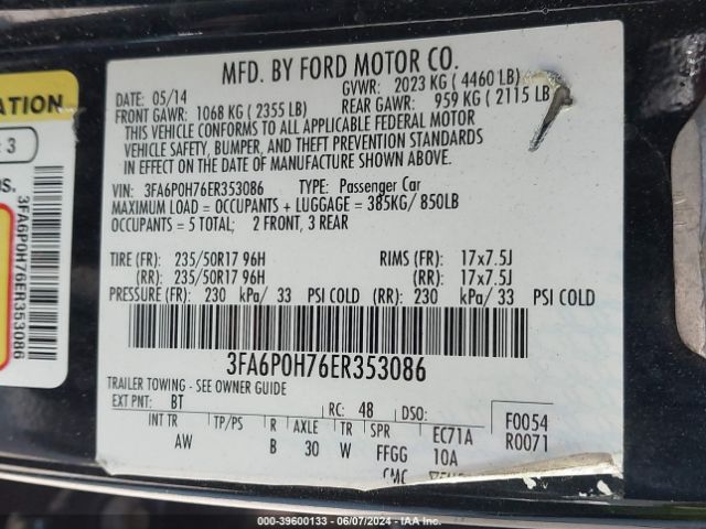 3FA6P0H76ER353086 Ford FUSION SE
