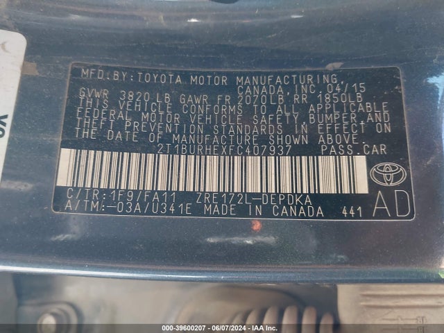 Toyota COROLLA L 2015 2T1BURHEXFC407937 Image 9