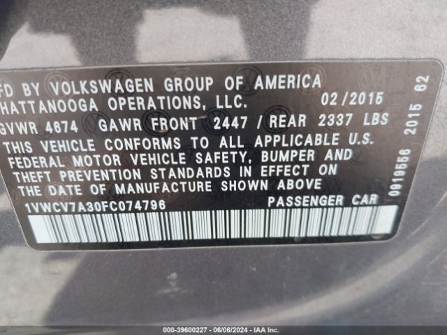 1VWCV7A30FC074796 Volkswagen Passat 2.0l Tdi Sel Premium