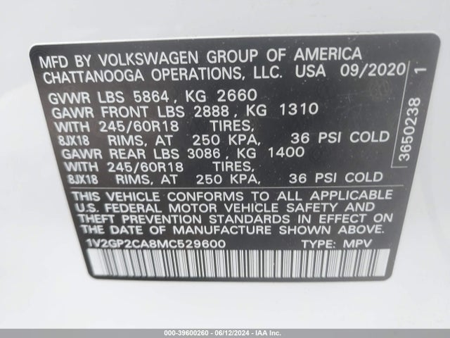 1V2GP2CA8MC529600 Volkswagen Atlas 2.0t S