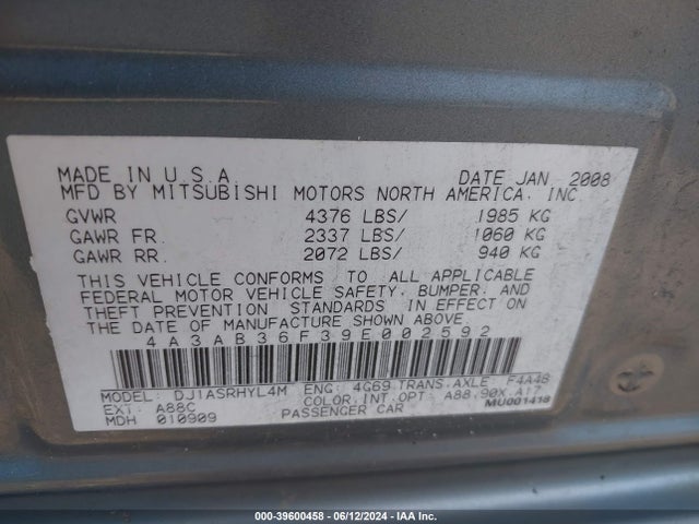 2009 MITSUBISHI GALANT 4A3AB36F39E002592 Photo 8