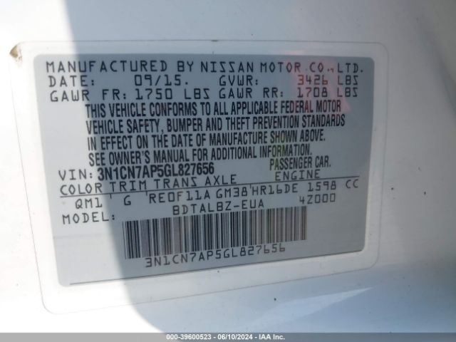 3N1CN7AP5GL827656 Nissan Versa 1.6 S/1.6 S+/1.6 Sl/1.6 Sv