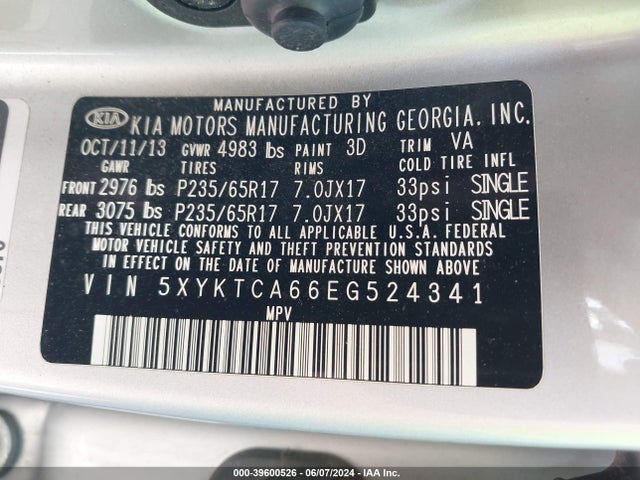 KIA SORENTO LX 2014 5XYKTCA66EG524341 Image 9