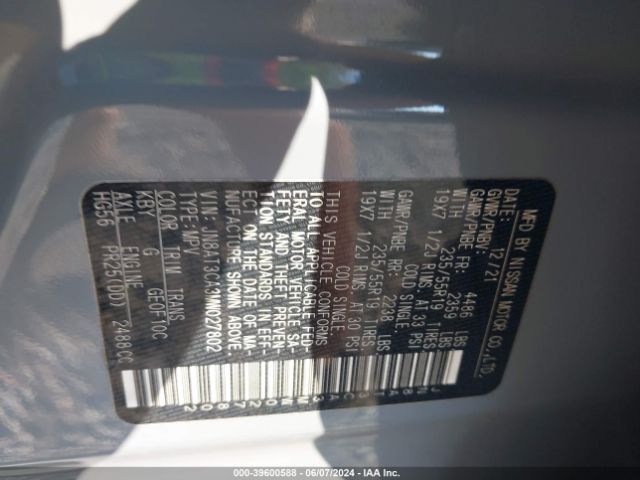 JN8AT3CA3MW027802 Nissan Rogue Sl Fwd