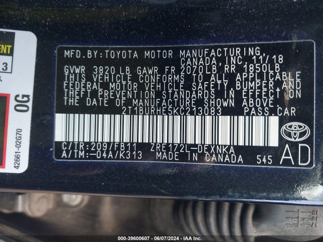 Toyota COROLLA LE 2019 2T1BURHE5KC213083 Image 9