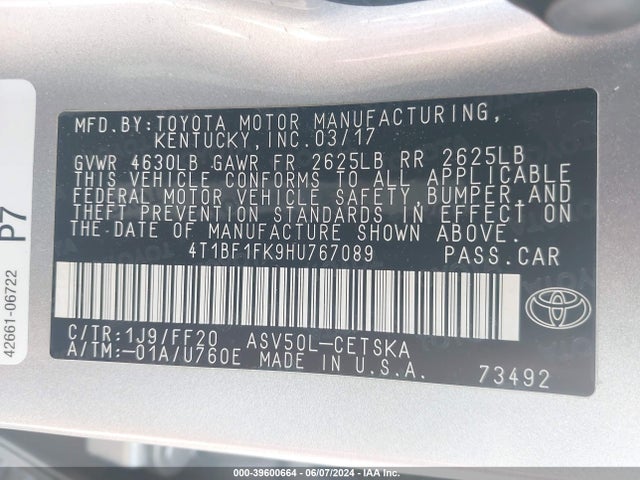 Toyota CAMRY SE 2017 4T1BF1FK9HU767089 Image 9