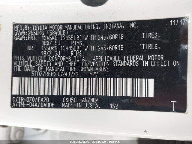 Toyota Highlander Le Plus 2018 5TDZZRFH2JS243273 Image 9