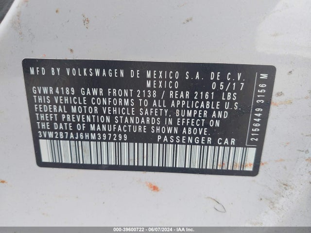 3VW2B7AJ6HM397299 Volkswagen Jetta 1.4t S