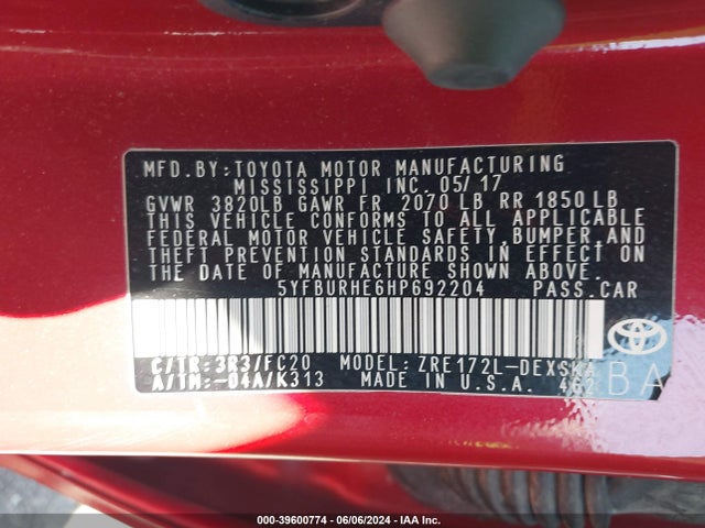 Toyota COROLLA SE 2017 5YFBURHE6HP692204 Image 9