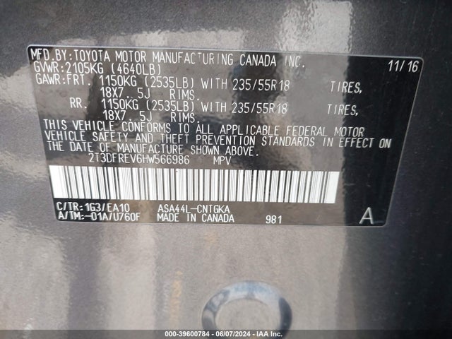 2T3DFREV6HW566986 Toyota Rav4 Platinum