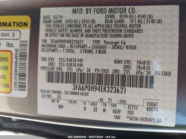 Ford FUSION SE 2014 3FA6P0H94ER323621 Image 9