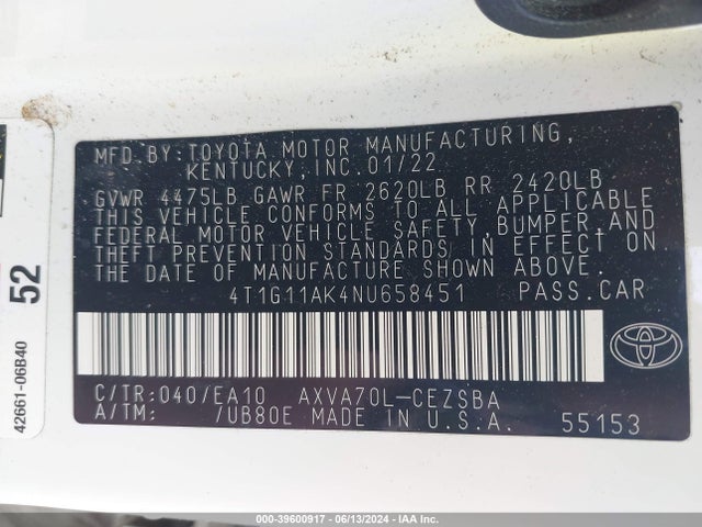 Toyota CAMRY SE 2022 4T1G11AK4NU658451 Image 9