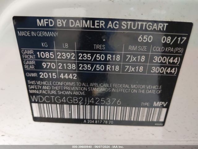 WDCTG4GB2JJ425376 Mercedes-Benz Gla 250 4matic