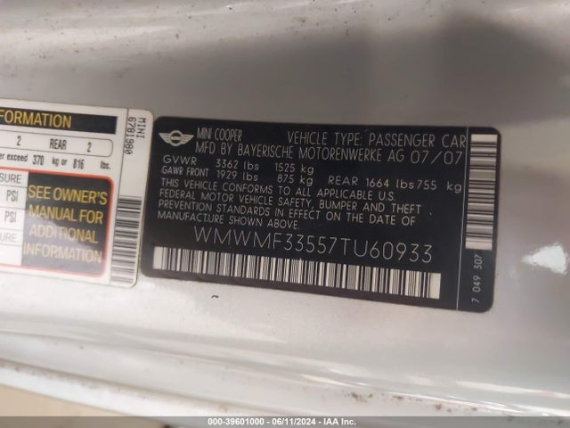 2007 MINI COOPER WMWMF33557TU60933 Photo 8
