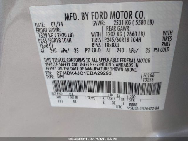 2FMDK4JC1EBA29293 Ford EDGE SEL
