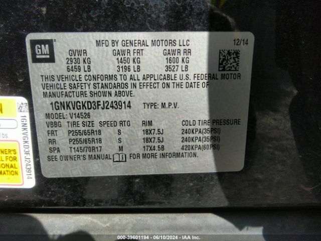 1GNKVGKD3FJ243914 Chevrolet Traverse 1lt