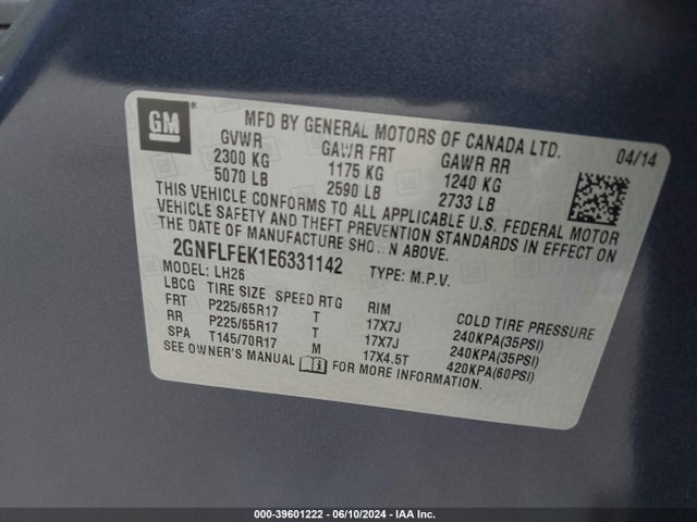 Chevrolet EQUINOX 1LT 2014 2GNFLFEK1E6331142 Image 9