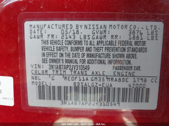 3N1AB7AP2JY310549 Nissan SENTRA SL
