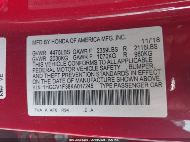 1HGCV1F38KA017245 Honda Accord Sport