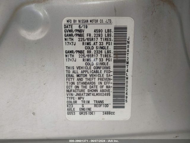 JN8AT2MT4LW002495 Nissan Rogue S Fwd
