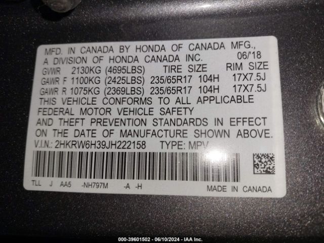 2HKRW6H39JH222158 Honda CR-V LX