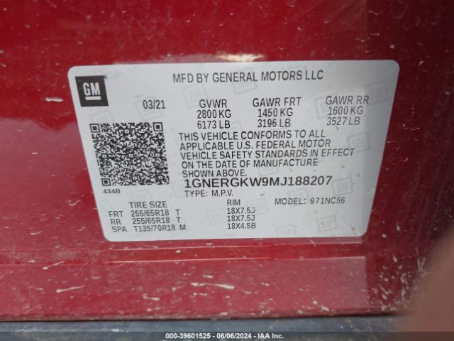 1GNERGKW9MJ188207 Chevrolet Traverse Fwd Lt Cloth