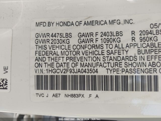 1HGCV2F93JA043504 Honda Accord Touring 2.0t