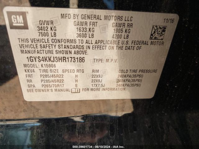 1GYS4KKJ3HR173186 Cadillac Escalade Esv Platinum