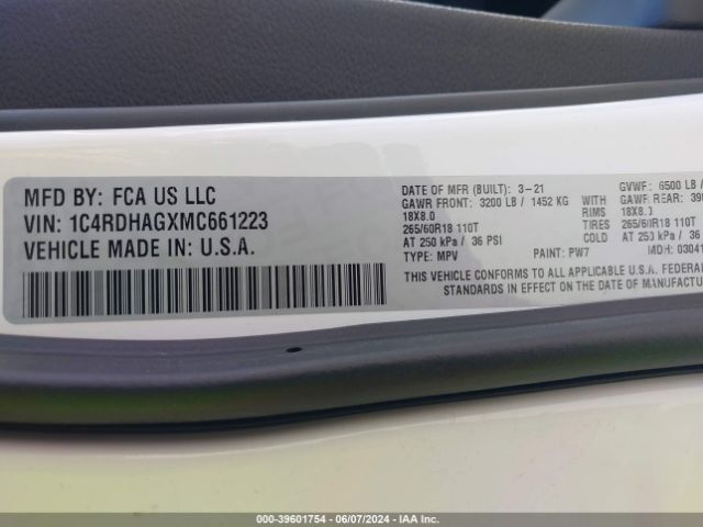 1C4RDHAGXMC661223 Dodge Durango Sxt Rwd