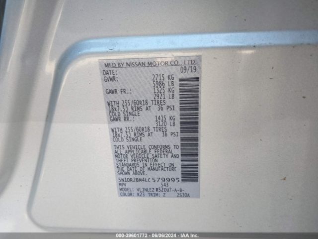 5N1DR2BM4LC579995 Nissan Pathfinder Sv 4wd