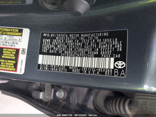 Toyota COROLLA SE 2019 5YFBURHE3KP922496 Image 9