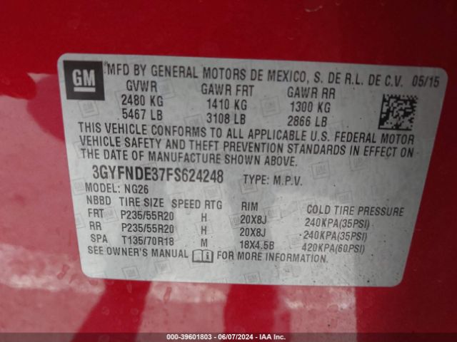 3GYFNDE37FS624248 Cadillac Srx Premium Collection