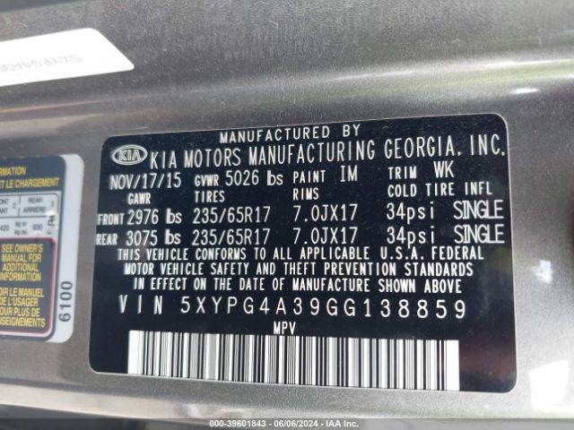 5XYPG4A39GG138859 KIA Sorento 2.4l Lx
