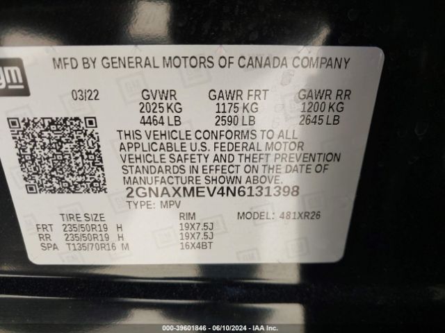 2GNAXMEV4N6131398 Chevrolet Equinox Fwd Rs