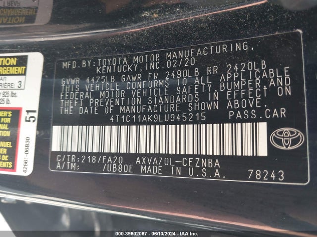 4T1C11AK9LU945215 Toyota CAMRY LE