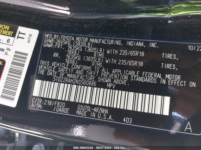 Toyota Highlander Le 2022 5TDZZRAH2NS560886 Image 9