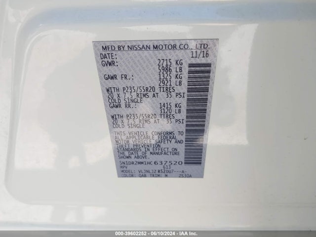 Nissan Pathfinder Platinum 2017 5N1DR2MM1HC637520 Image 9