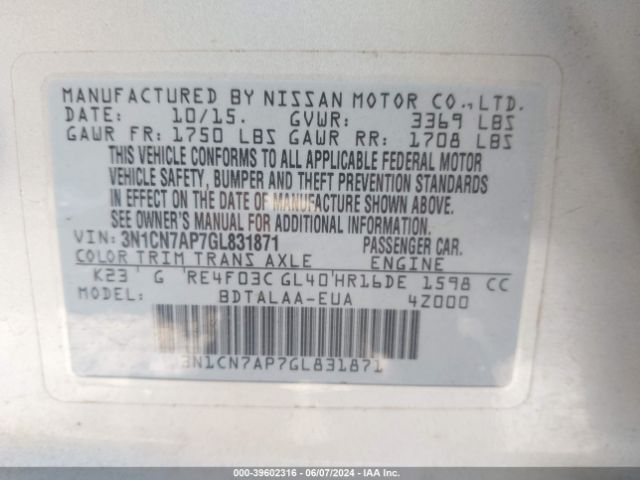 3N1CN7AP7GL831871 Nissan Versa 1.6 S