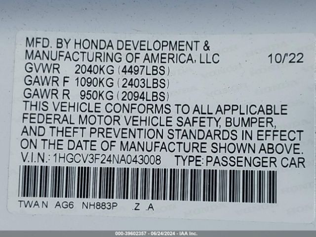 1HGCV3F24NA043008 Honda Accord Hybrid Sport