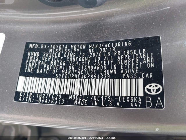 Toyota COROLLA SE 2019 5YFBURHEXKP894339 Image 9