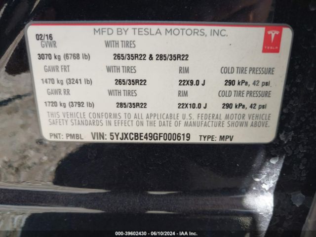 5YJXCBE49GF000619 Tesla Model X 75d/p100d/p90d