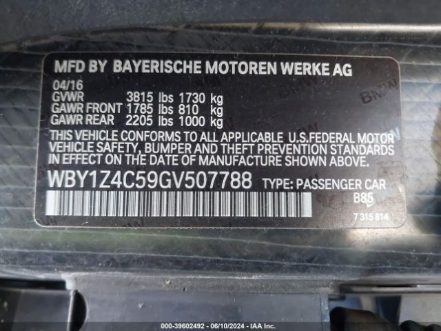 WBY1Z4C59GV507788 BMW I3 Base W/range Extender