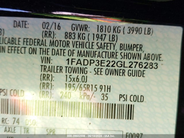 1FADP3E22GL276283 Ford FOCUS S