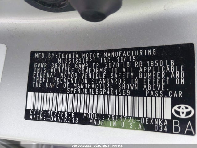 Toyota COROLLA LE 2016 5YFBURHE8GP401569 Image 9