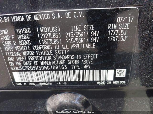 3CZRU5H39HG709163 Honda HR-V LX