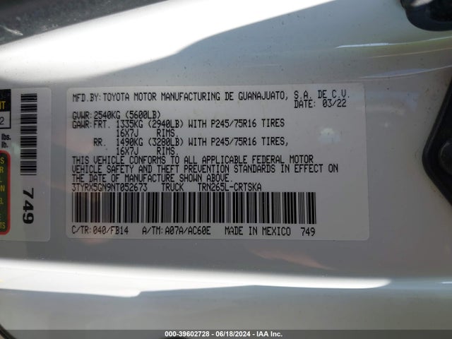 Toyota Tacoma Sr 2022 3TYRX5GN9NT052673 Image 9