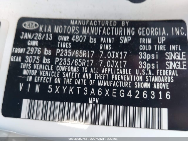 KIA SORENTO LX 2014 5XYKT3A6XEG426316 Image 9
