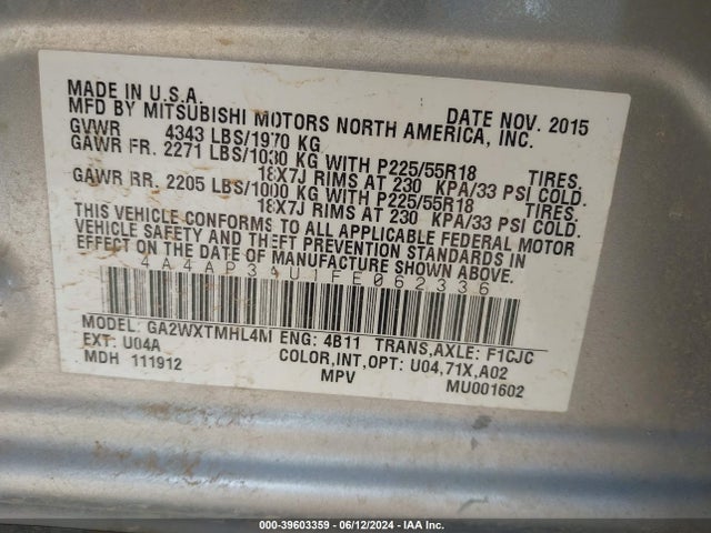 4A4AP3AU1FE062336 Mitsubishi Outlander Sport Es