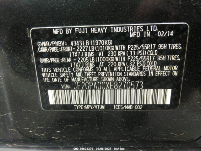 JF2GPAGCXE8270573 Subaru Xv Crosstrek 2.0i Limited