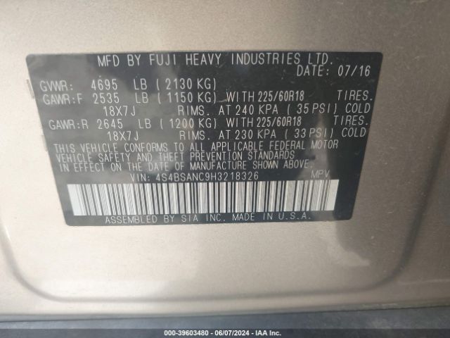 4S4BSANC9H3218326 Subaru Outback 2.5i Limited